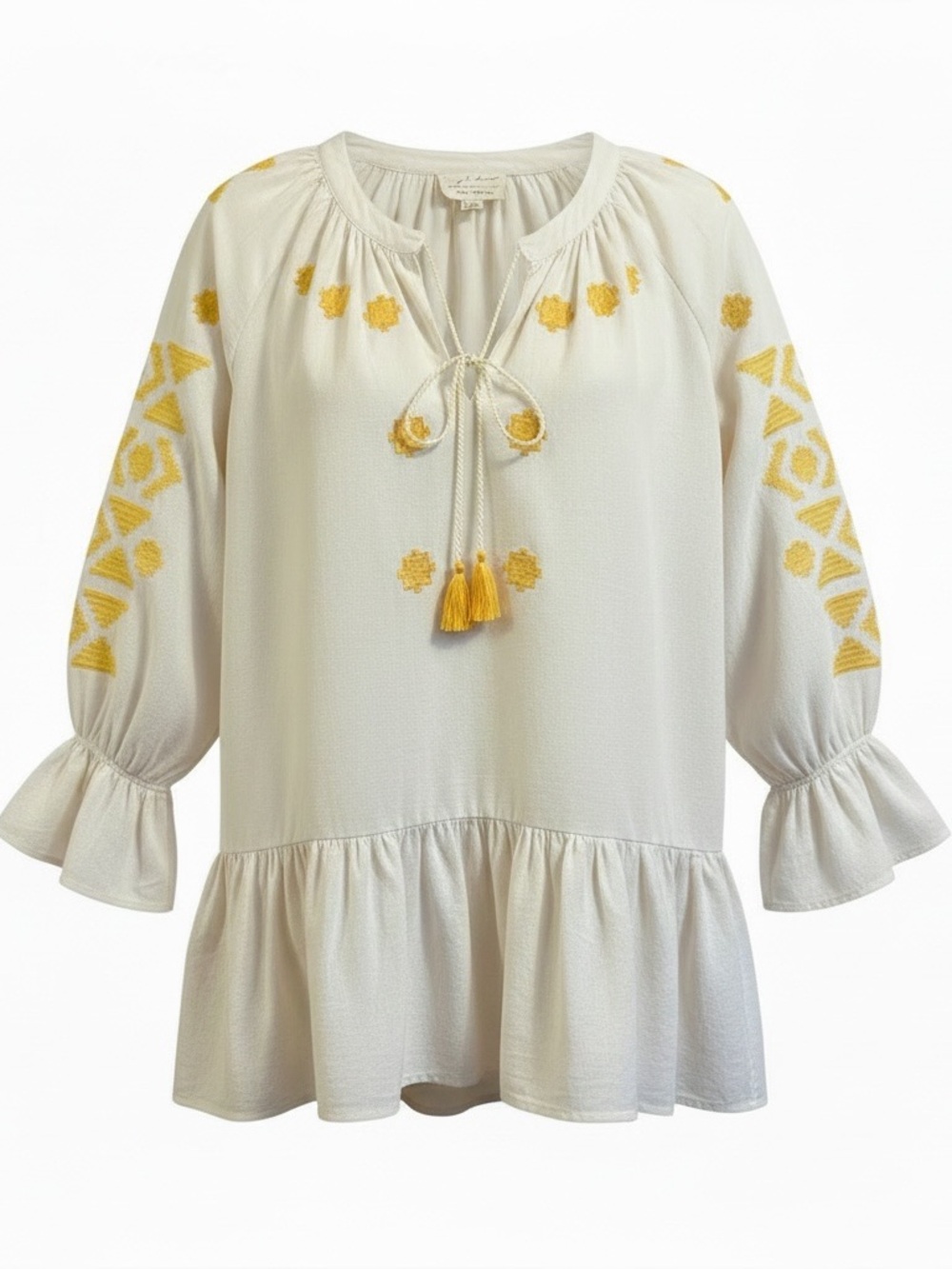 Evy's Tree The Jolene Embroidered Boho Tunic Blouse Top White Yellow 1X -EUC